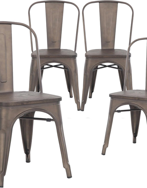 Load image into Gallery viewer, Metal Dining Chairs, Indoor/Outdoor and Stackable, Set of 4 (Bronze with Wooden Seat)