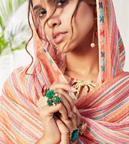 Peach Cotton Suit Set 🌸 Kurta, Mustard Pant & Multicolor Dupatta