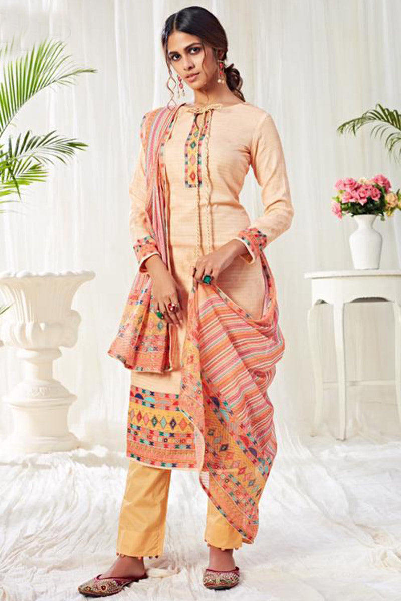 Peach Cotton Suit Set 🌸 Kurta, Mustard Pant & Multicolor Dupatta