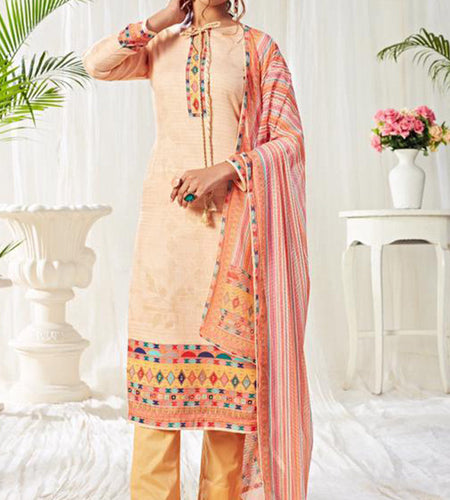 Peach Cotton Suit Set 🌸 Kurta, Mustard Pant & Multicolor Dupatta
