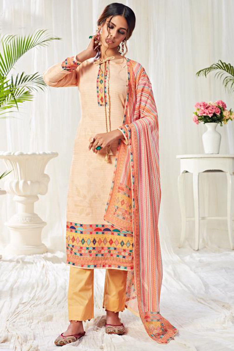 Peach Cotton Suit Set 🌸 Kurta, Mustard Pant & Multicolor Dupatta