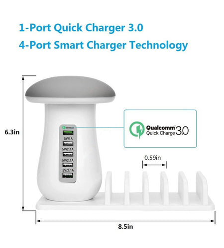 Mushroom Lamp USB Charger 🍄 Fast QC 3.0 & LED Light