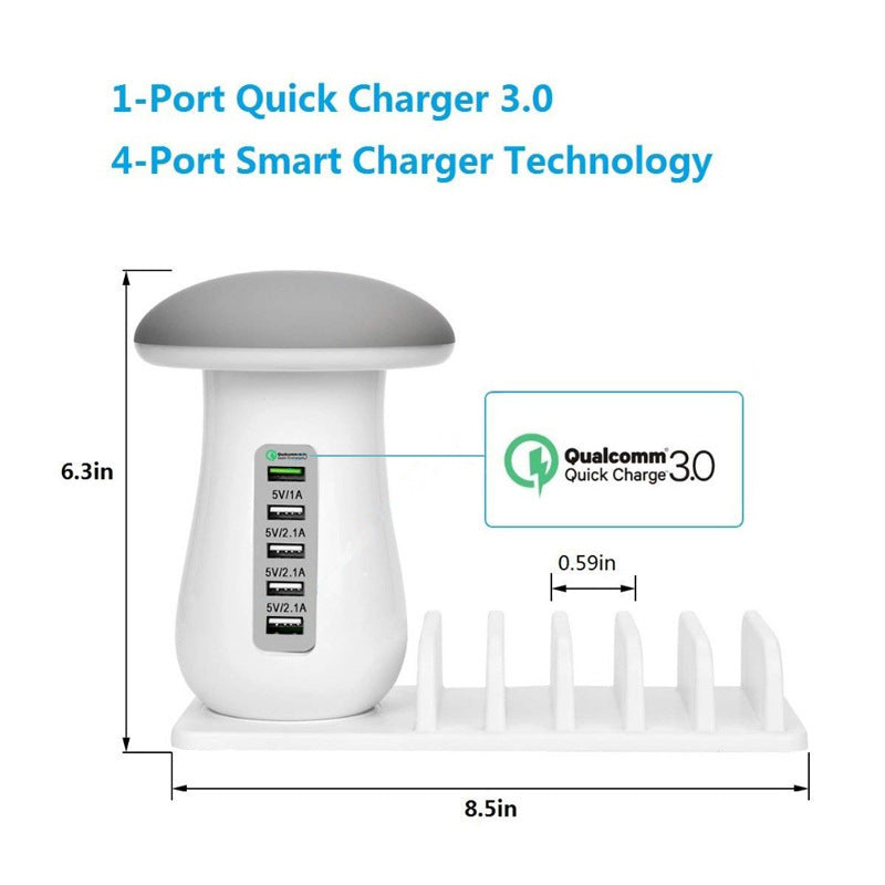Mushroom Lamp USB Charger 🍄 Fast QC 3.0 & LED Light